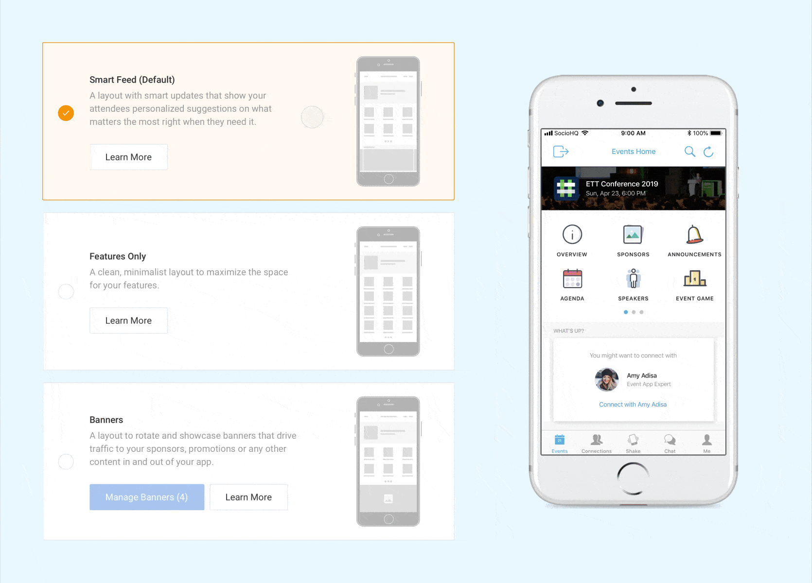 Socio Platform event app layouts preview