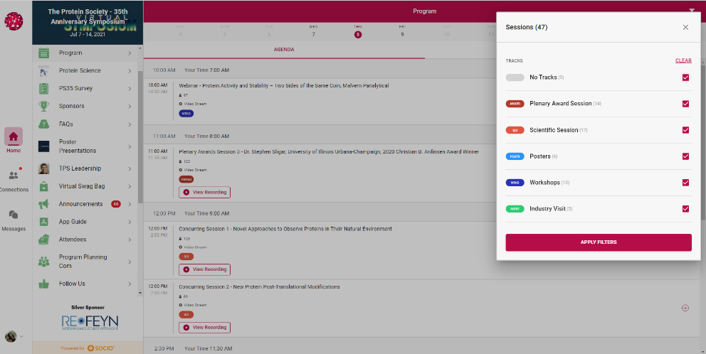 Webex Events (formerly Socio) agenda feature in The Protein Society's virtual event