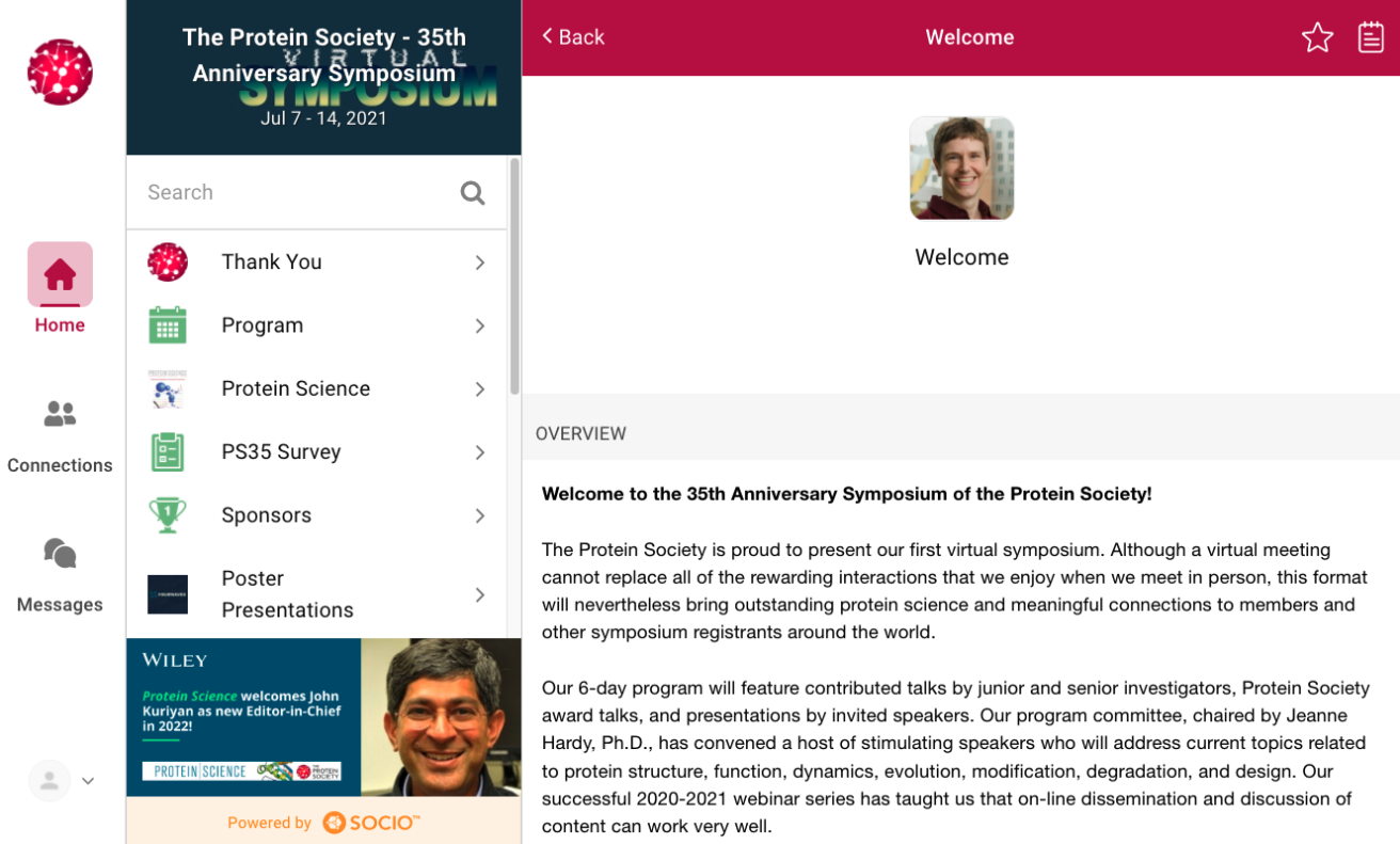 Webex Events (formerly Socio) overview page for The Protein Society's virtual event