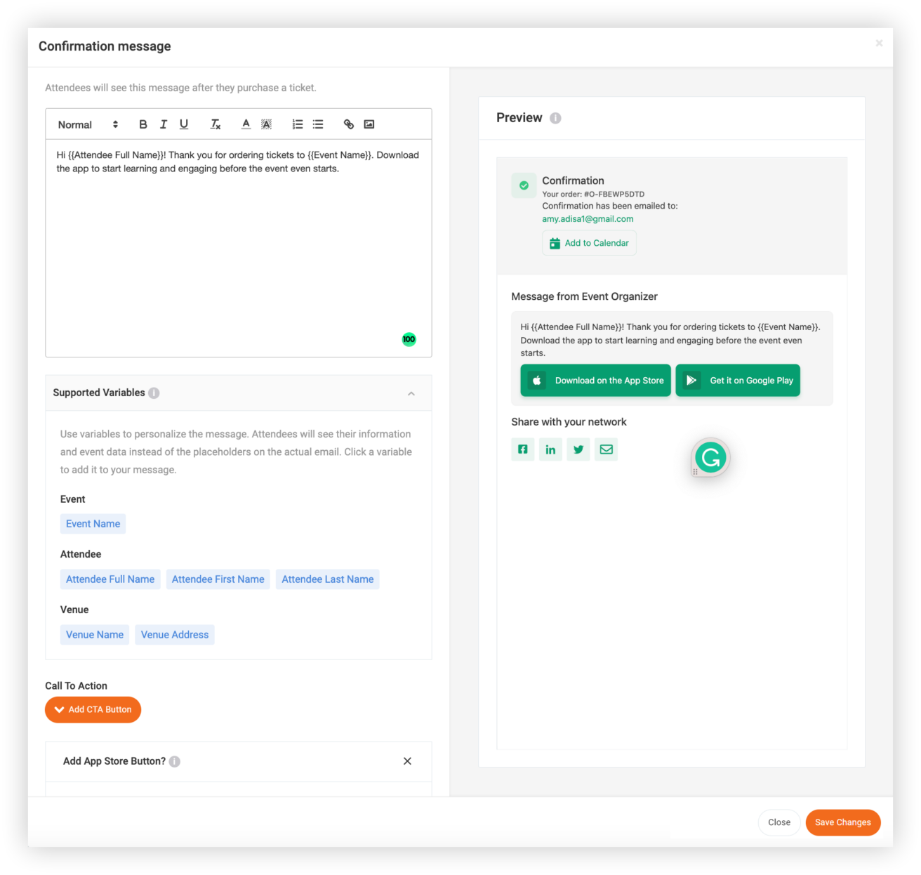 Custom Order Confirmation Message | Webex Events (formerly Socio)